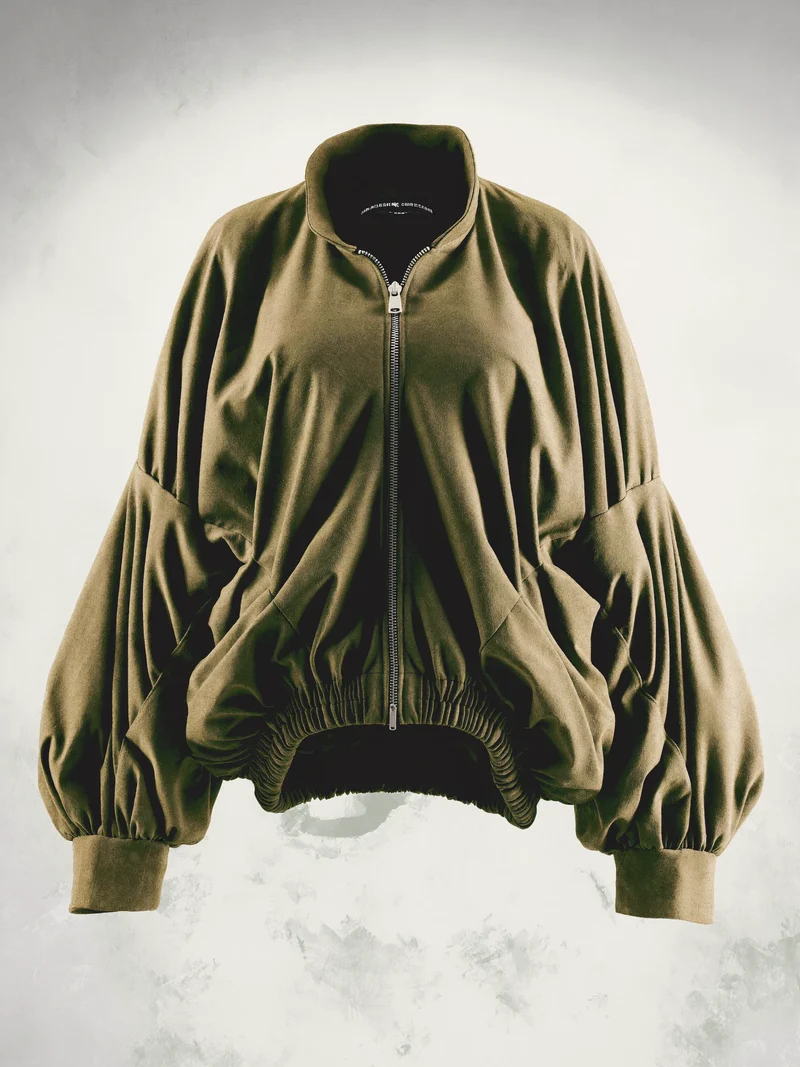 Étude illustrée d'une veste oversize en tissu technique couleur pierre